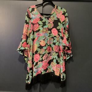 Uncle Frank black and floral fringe tunic bell sleeve short dress M